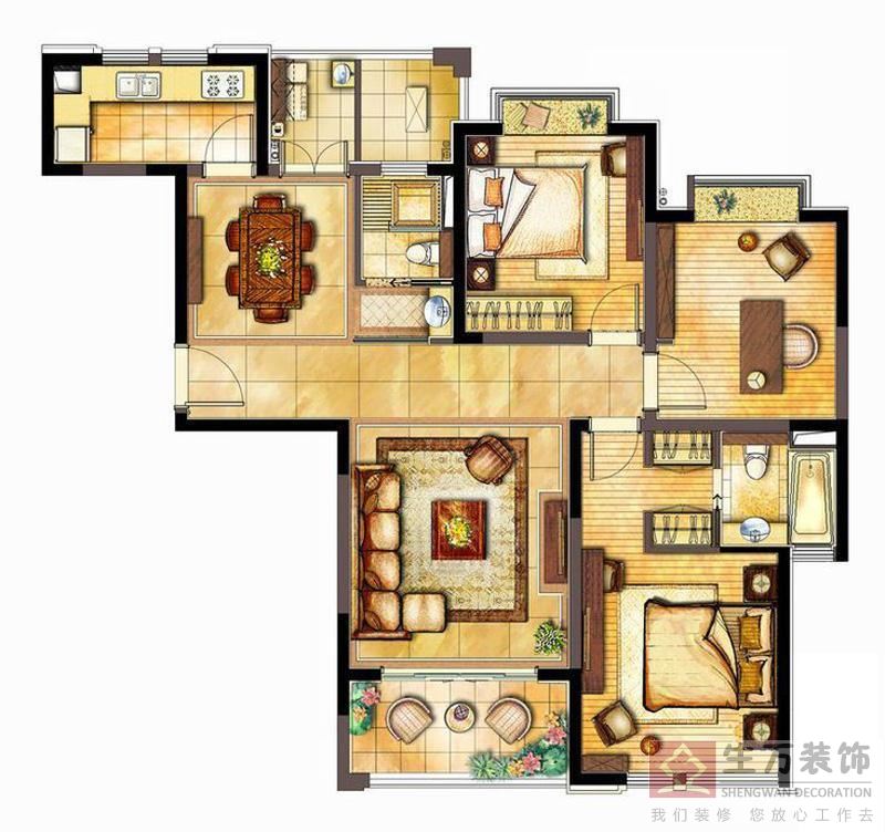 广州富力集团富力城何女士三房两厅家庭装饰装修平面图、结构图、户型图