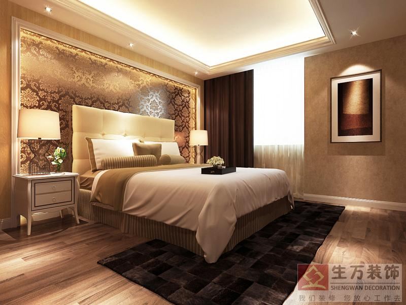 主人房欧式装饰设计，床头背景采用欧式大花的墙布进行装饰，地面选用了复合实木地板进行铺贴，整体效果非常理想。