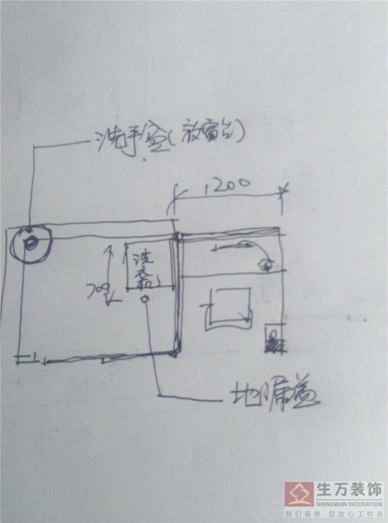 改造后的阳台摆放的洗衣机，安装地漏指示图，洗手盆选用台上盆安装在阳台墙角位置上，节省阳台空间。